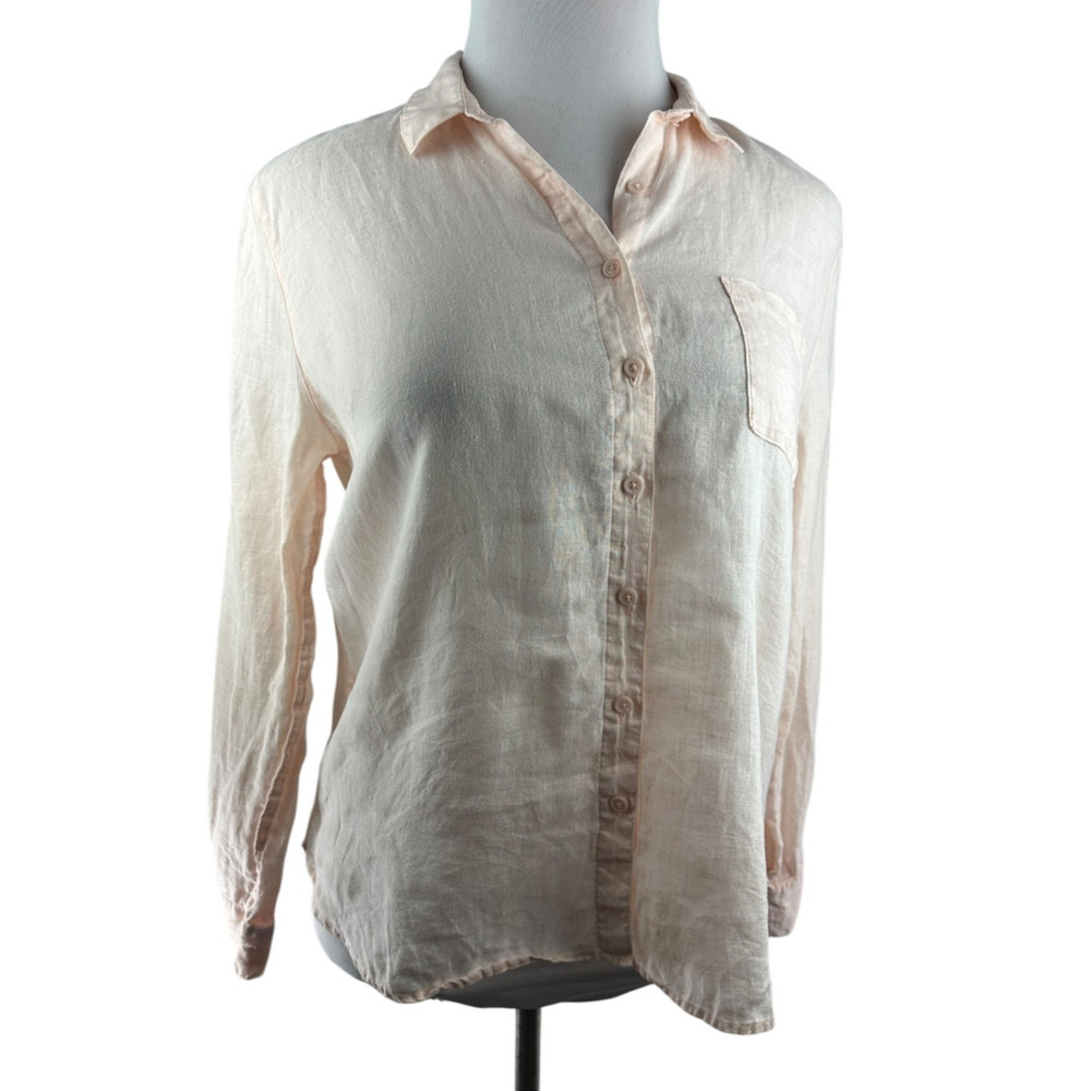 Garnet Hill Linen Button Up Pocket Shirt Light Pink Sheer Long Sleeve Size 12 - Picture 11 of 16